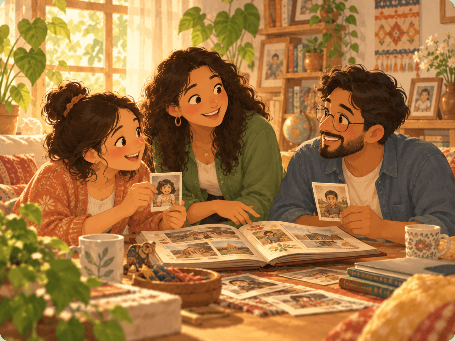Three friends laugh over a family photo album, holding up childhood photos of themselves