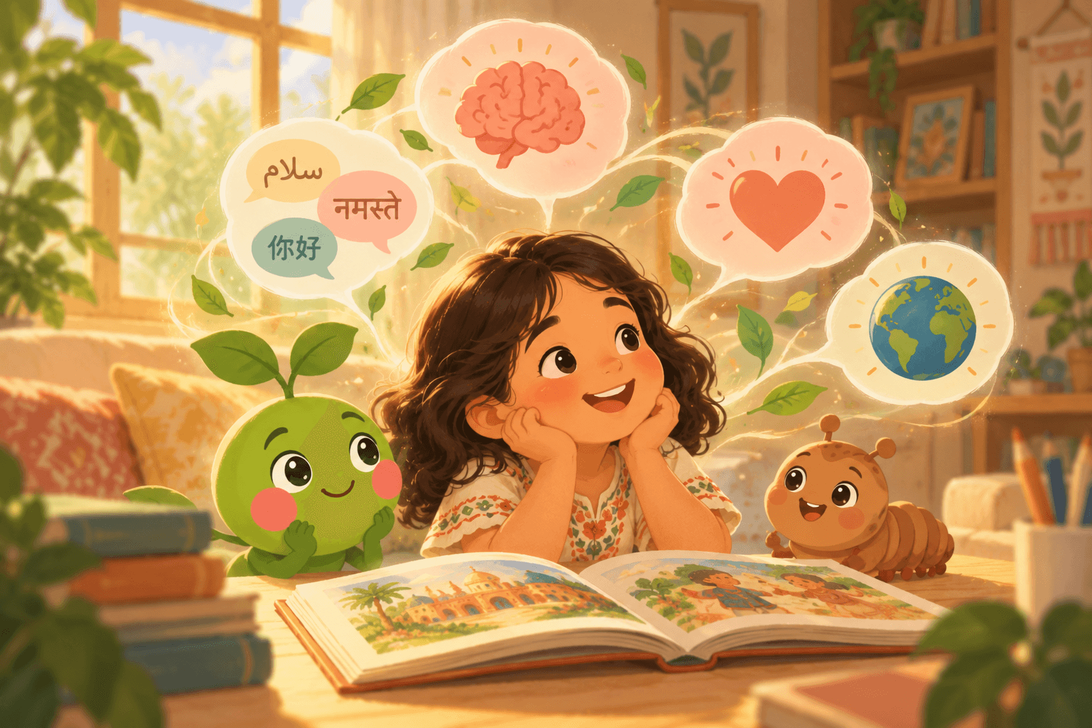 A girl daydreams over a picture book with Sprout and Wiggles, surrounded by thought bubbles of greetings in Farsi, Hindi and Mandarin, a brain, a heart and the globe