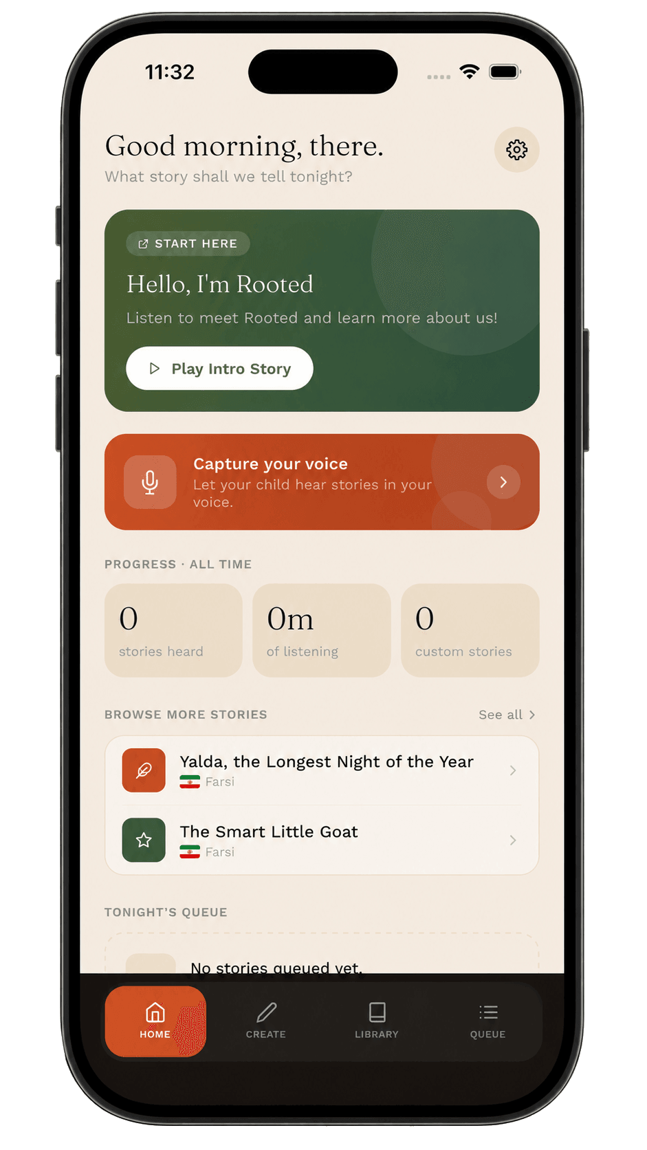 RootED home screen with story cards and progress