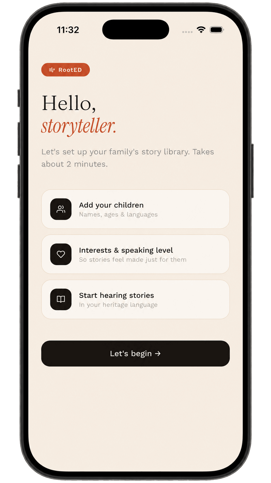 RootED onboarding screen saying Hello, storyteller