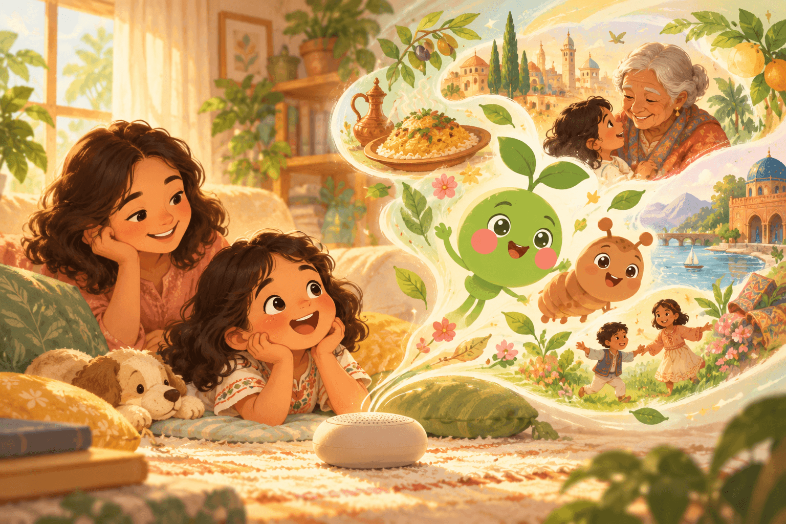 A mother and daughter listen to a story from a small speaker as Sprout, Wiggles, a grandmother, family dishes and faraway places swirl up from it